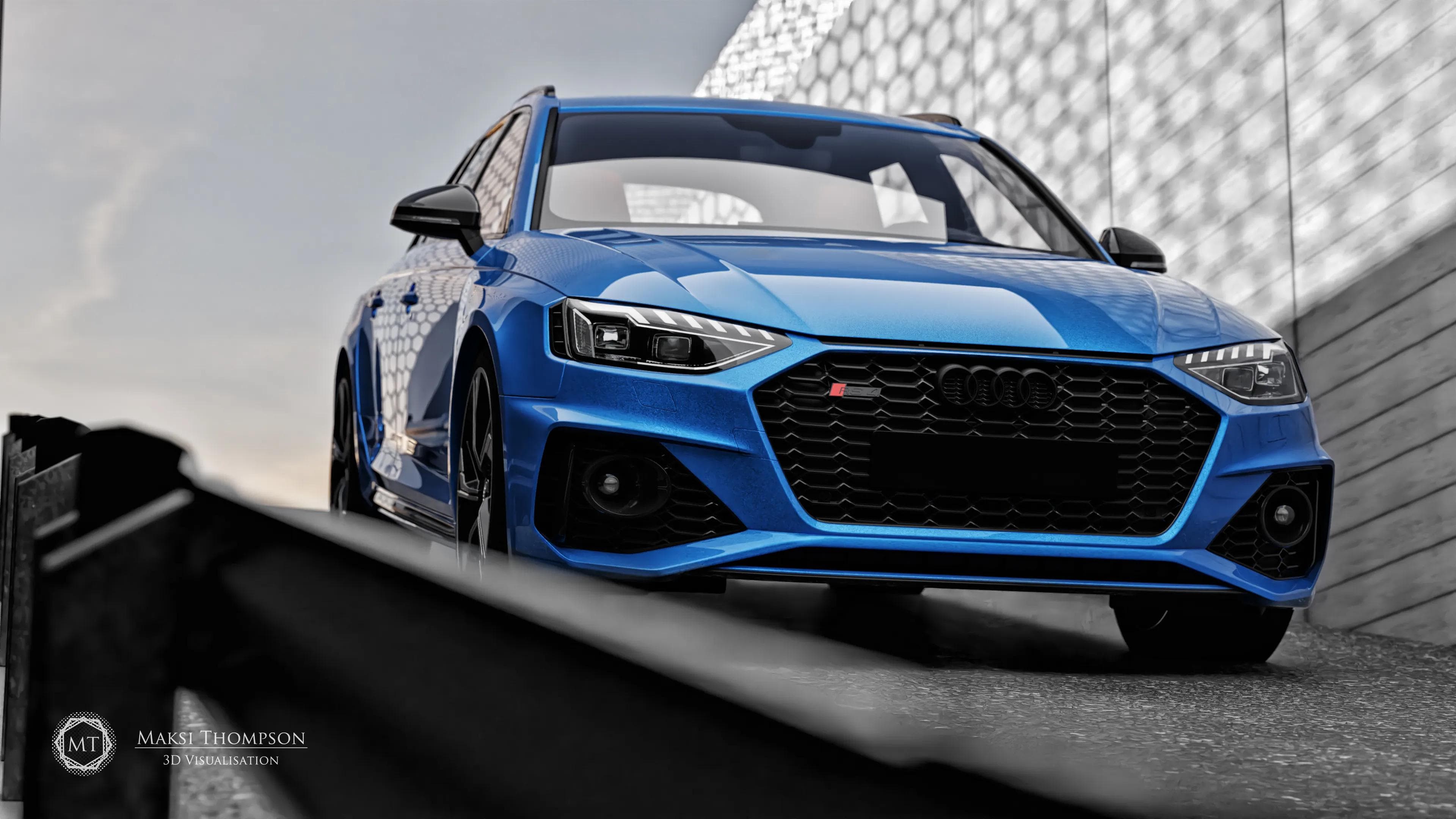 Render 3D fotorealistico di un' Audi sportiva, riflessi ray-tracing sulla carrozzeria e illuminazione cinematografica, creato da Maksi Thompson.