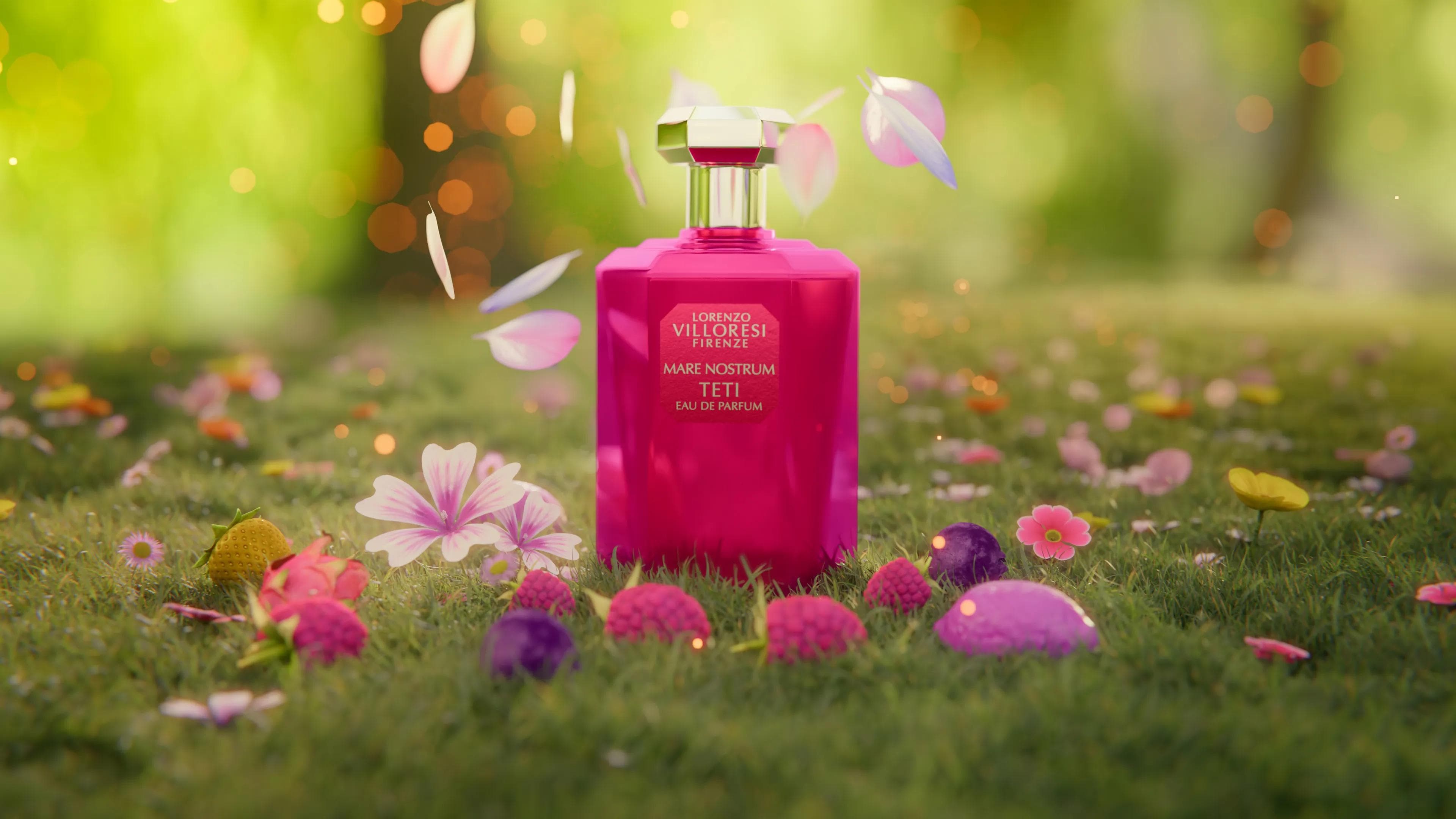 Rendering 3D e Still Life del profumo Teti di Lorenzo Villoresi: dettaglio del flacone in vetro, rifrazioni del liquido e packaging di lusso. da Maksi Thompson